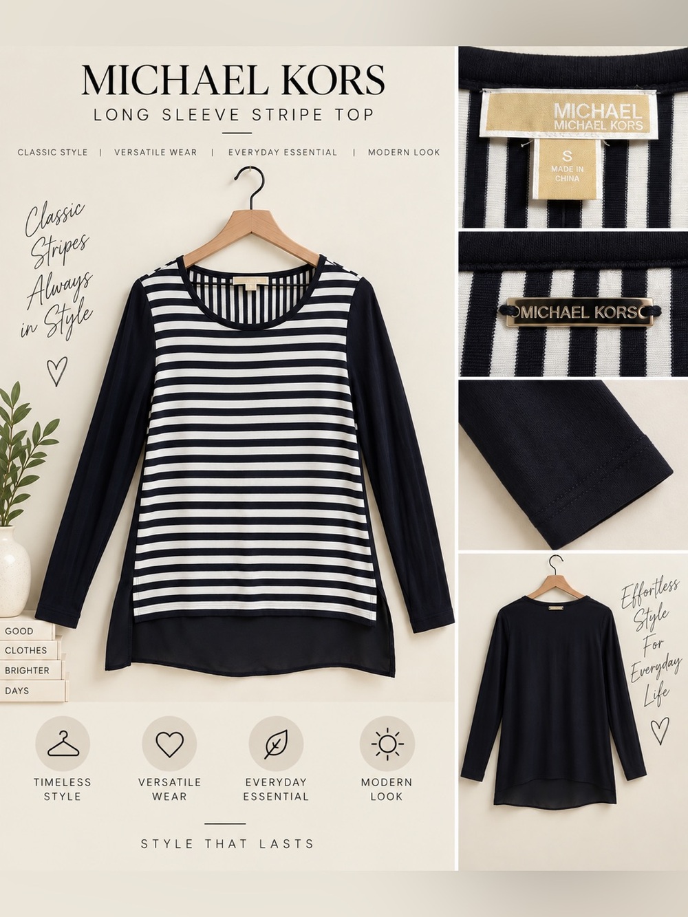 Michael Kors Navy and White Striped Long Sleeve Top